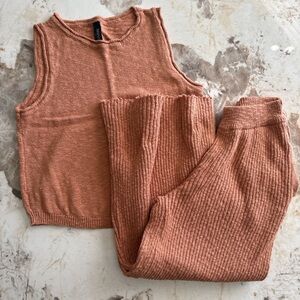 Cozy Ribbed Knit Tank and Pants Set - Rust